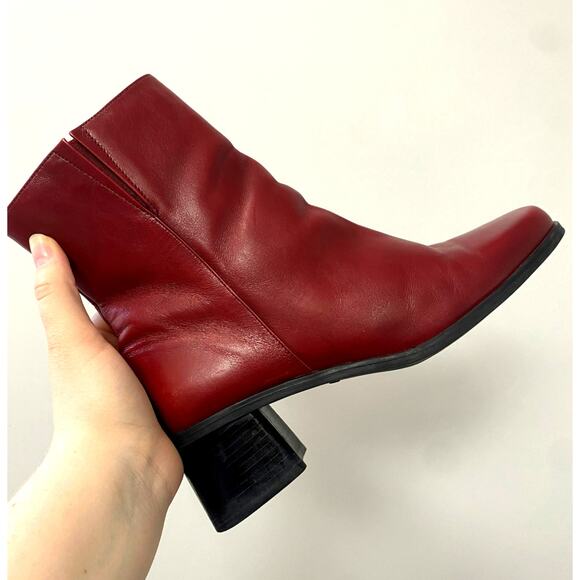 Vintage Naturalizer Red Leather Square Toe 90s Block Heeled Boots Sz 9 - Picture 1 of 9